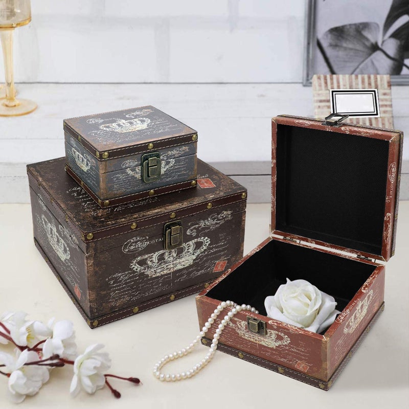 Jolitac Wood Storage Box Set of 3, Vintage Decorative Nesting Boxes Wooden Treasure Storage Crates With Latch, Home Decor Rustic Antique Boxes With Lid for Photos, Jewelry, Cash (Crown) - Image 5
